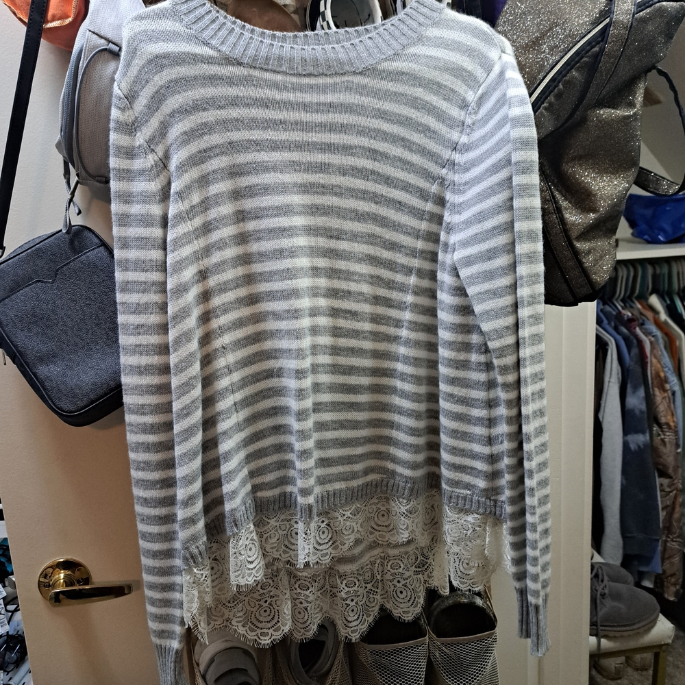 Striped Gray Sweater with Lace Hem